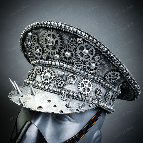Metallic Silver Steampunk Captain Cap w/ Silver Party Gas mask Halloween Costume